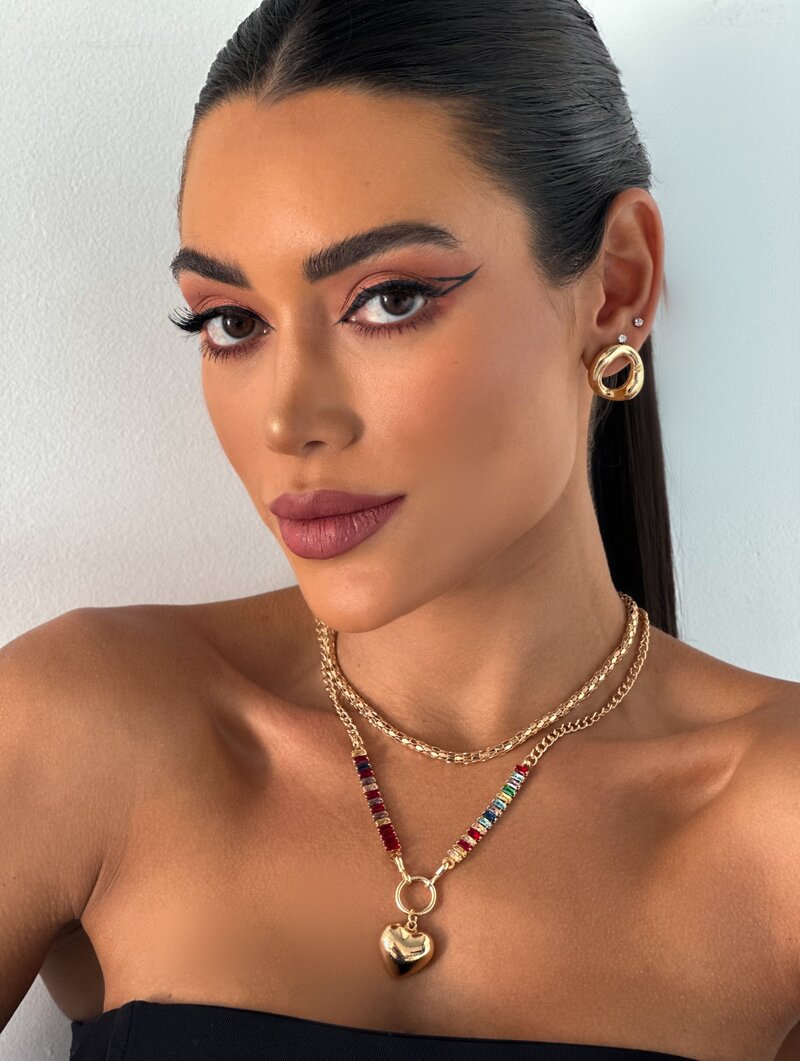 Colar Duplo Folheado a Ouro 18k e Prata Rabo de Tatu com Navetes de Coração