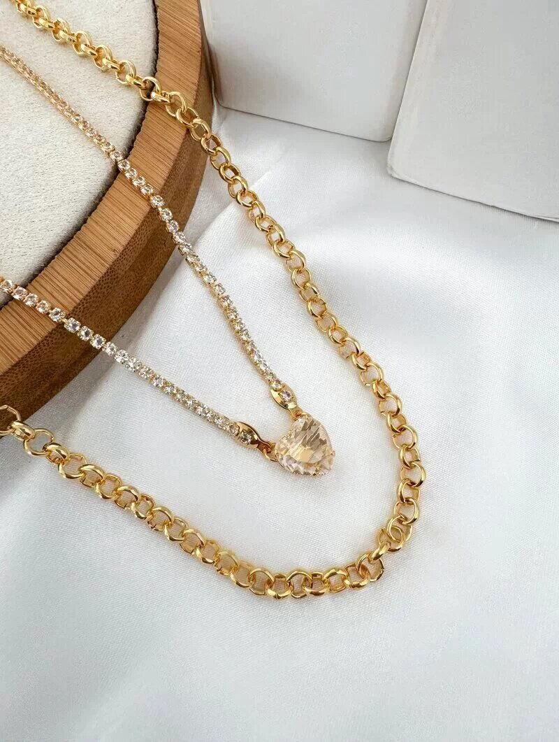 Colar Duplo Folheado a Ouro 18k Elo Português com Micro Zircônias e Coração