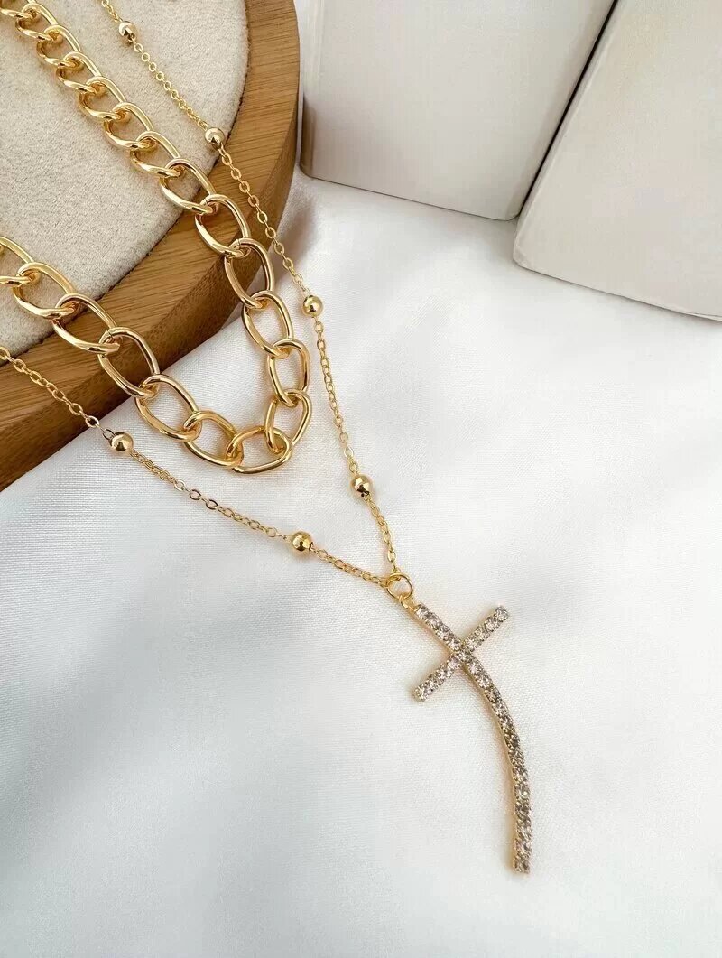 Colar Duplo Folheado a Ouro 18k Elos com Crucifixo Cravejado