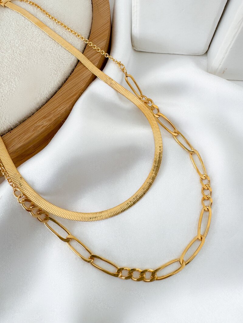 Colar Duplo Folheado a Ouro 18k Elos com Fita Laminada