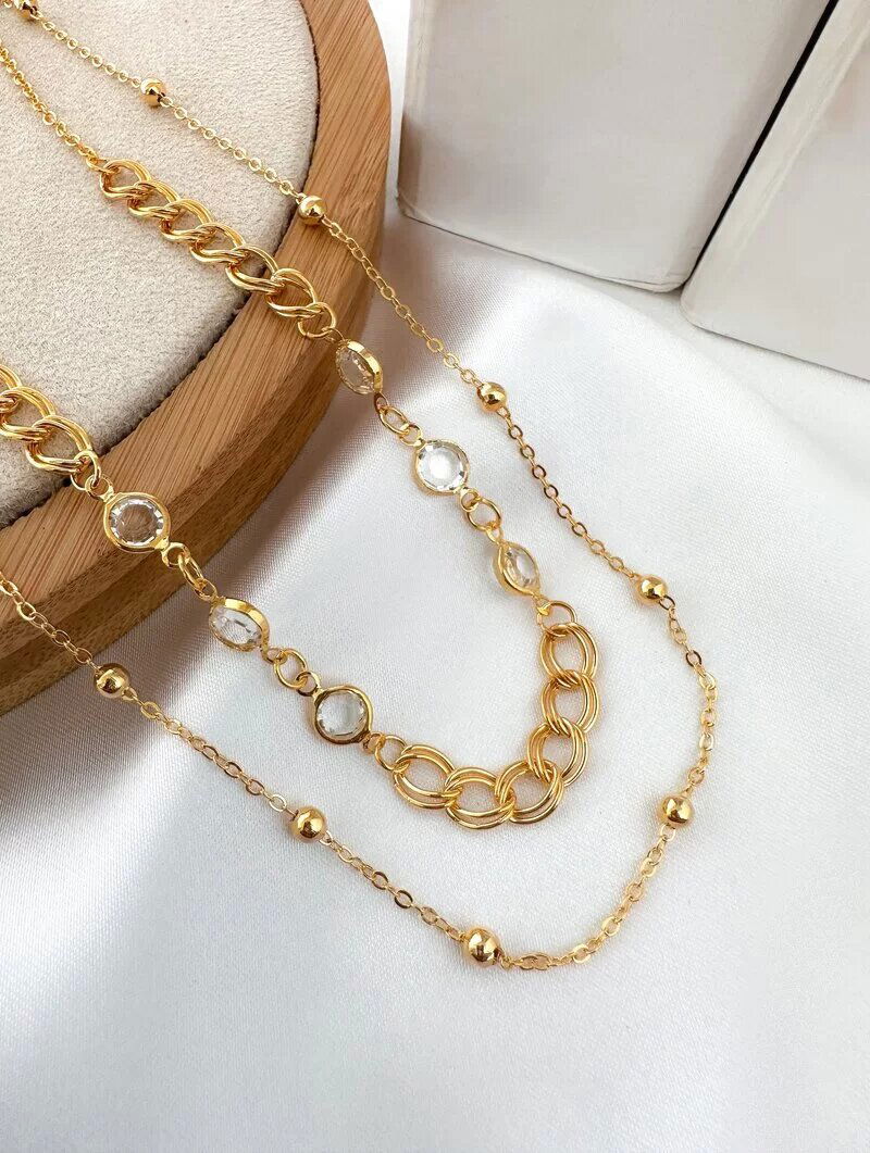 Colar Duplo Folheado a Ouro 18k Elos Duplo com Pontos de Luz