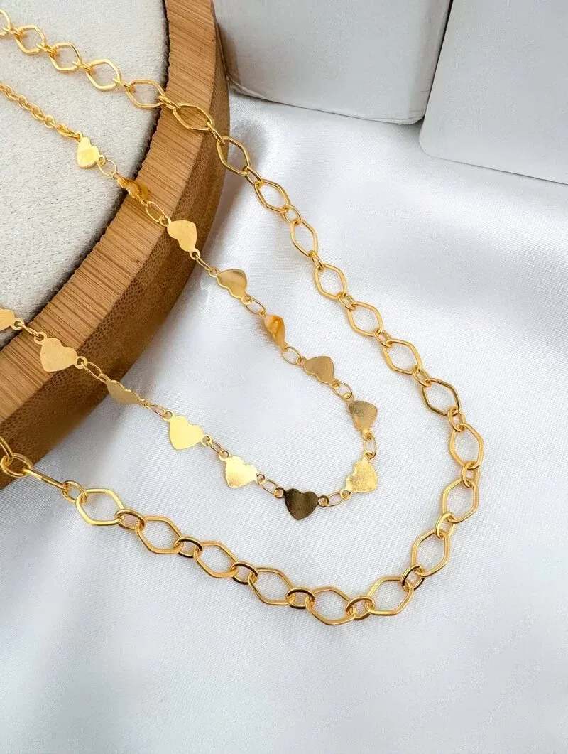 Colar Duplo Folheado a Ouro 18k Elos e Corações Lisos
