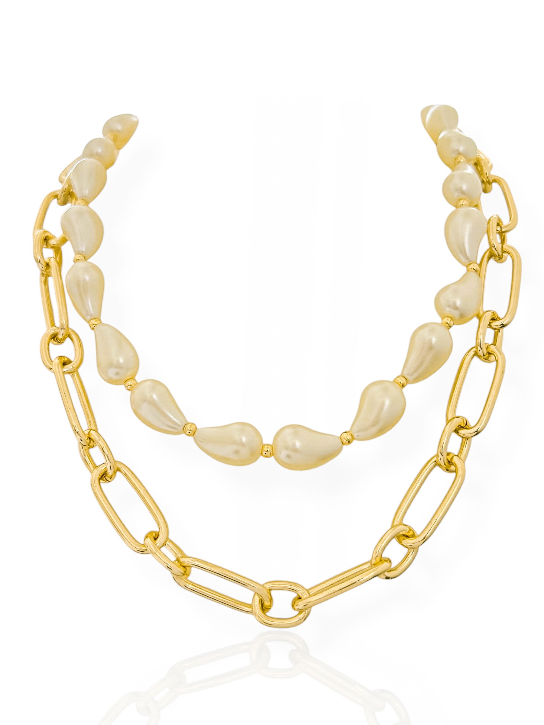 Colar Duplo Folheado a Ouro 18k Elos Largos Com Gota Pérola