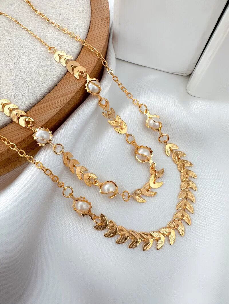 Colar Duplo Folheado a Ouro 18k Escamas com Pérolas