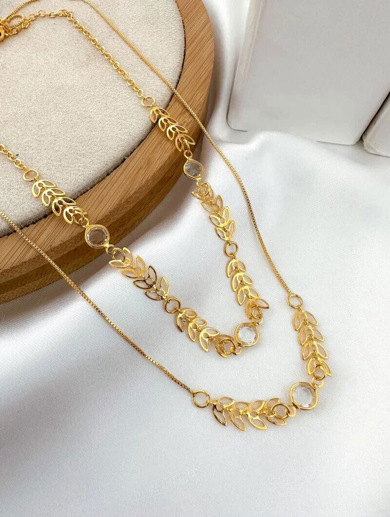 Colar Duplo Folheado a Ouro 18k Escamas e Pontos Luz