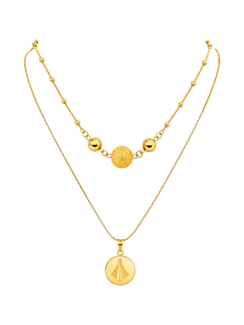 Colar Duplo Folheado a Ouro 18k Esferas e Medalha Nossa Senhora