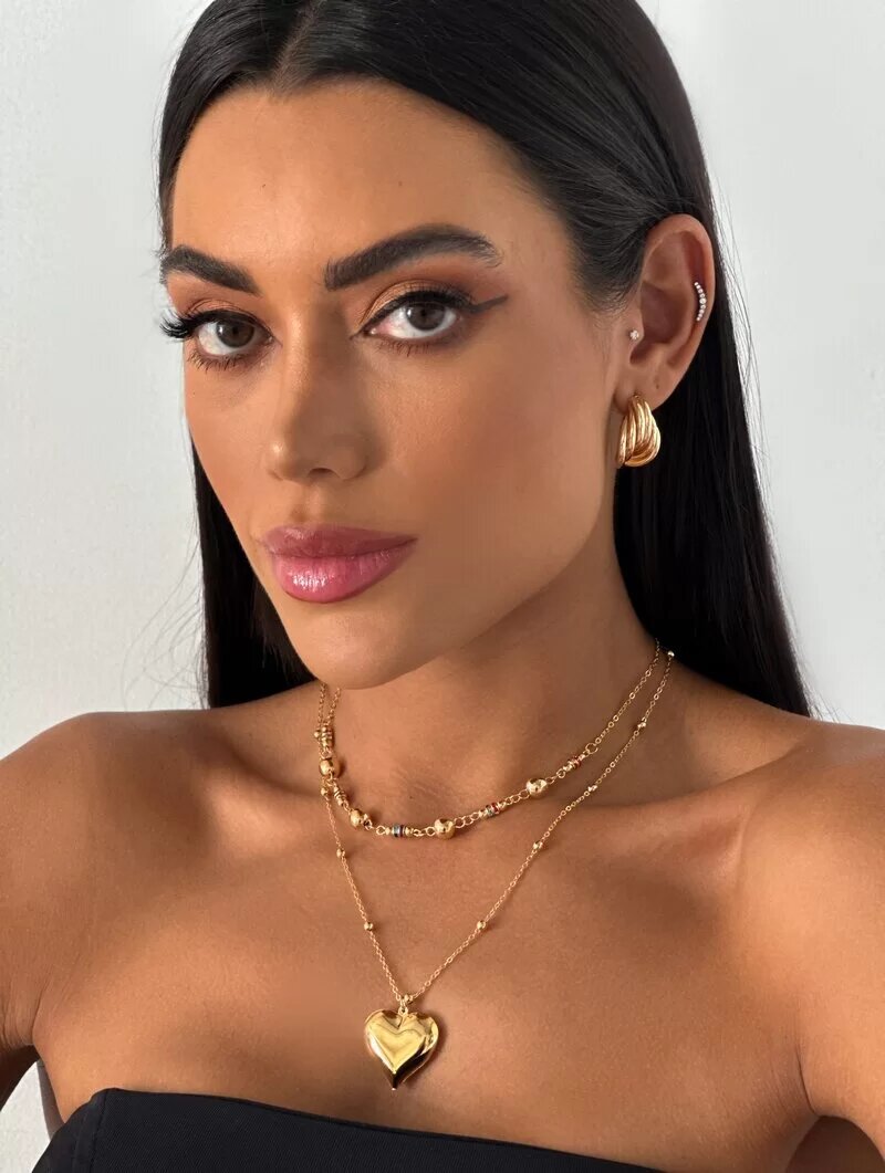 Colar Duplo Folheado a Ouro 18k Esferas e Zircônias Coloridas com Coração Liso