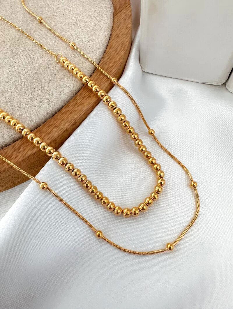 Colar Duplo Folheado a Ouro 18k Esferas Lisas