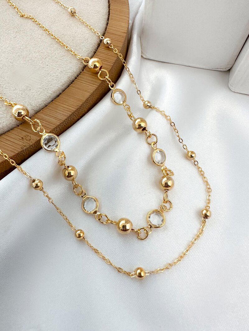 Colar Duplo Folheado a Ouro 18k Esferas Lisas com Zircônias