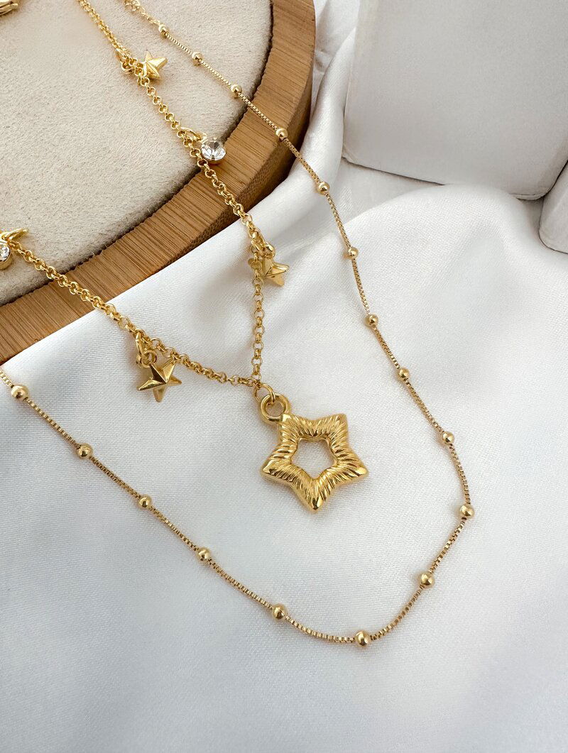 Colar Duplo Folheado a Ouro 18k Estrelas com Pontos de Luz