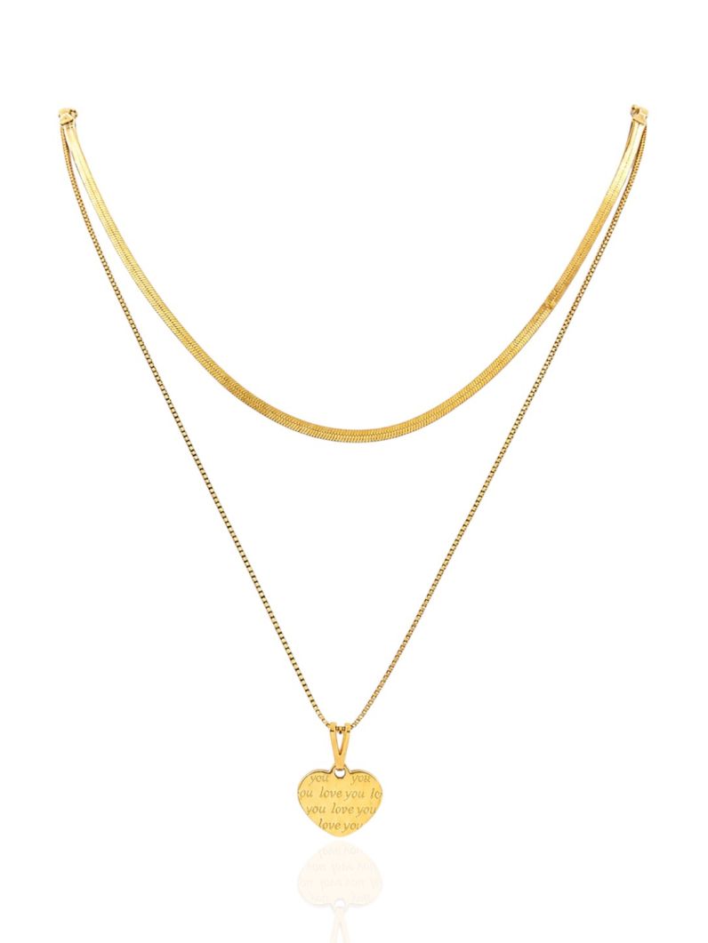 Colar Duplo Folheado a Ouro 18k Fita Laminada Com Pingente Coração Love