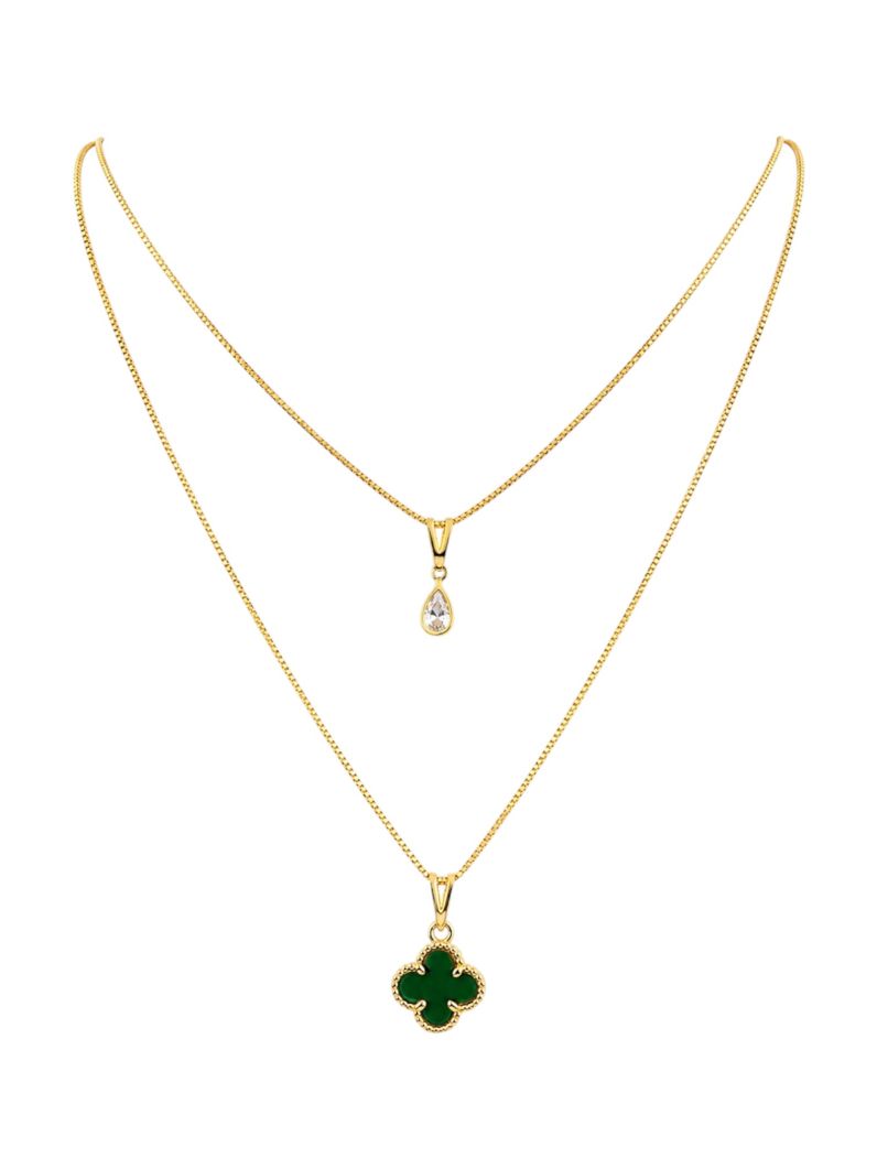Colar Duplo Folheado a Ouro 18k Gota Cristal e Inspiração Vg
