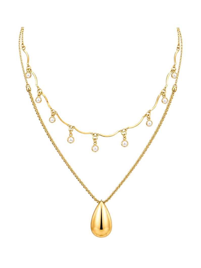 Colar Duplo Folheado a Ouro 18k Gota e Perolas