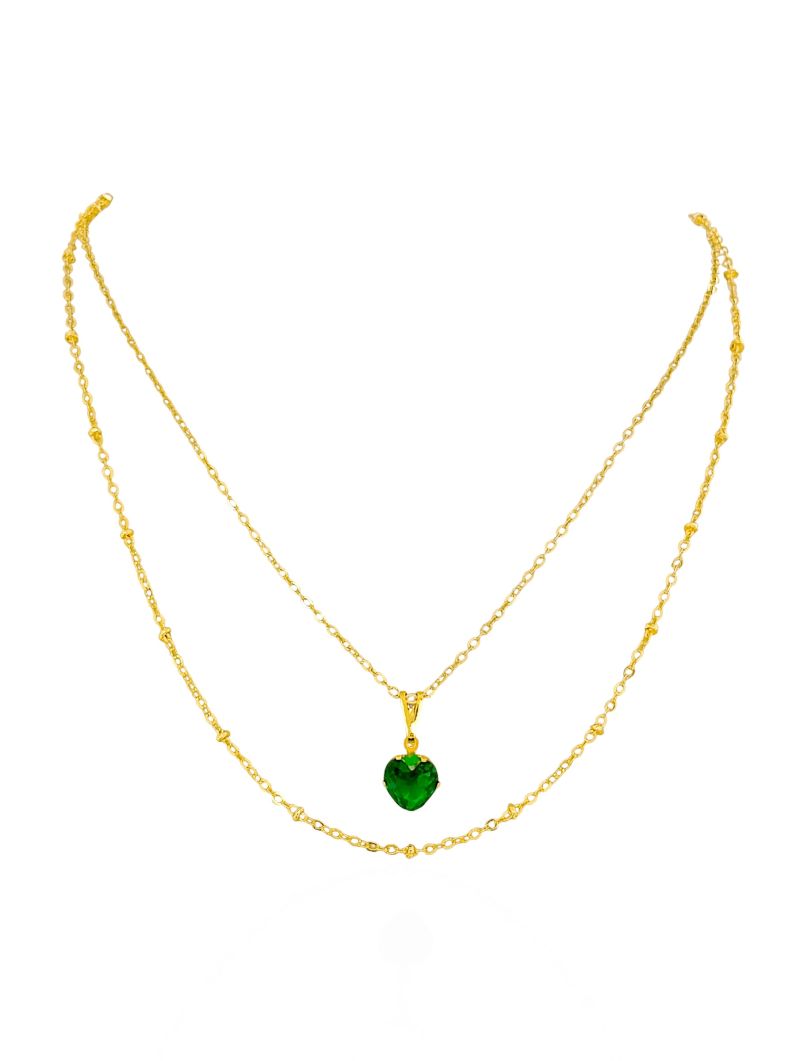 Colar Duplo Folheado a Ouro 18k Mini Elos e Coração Cristal Verde