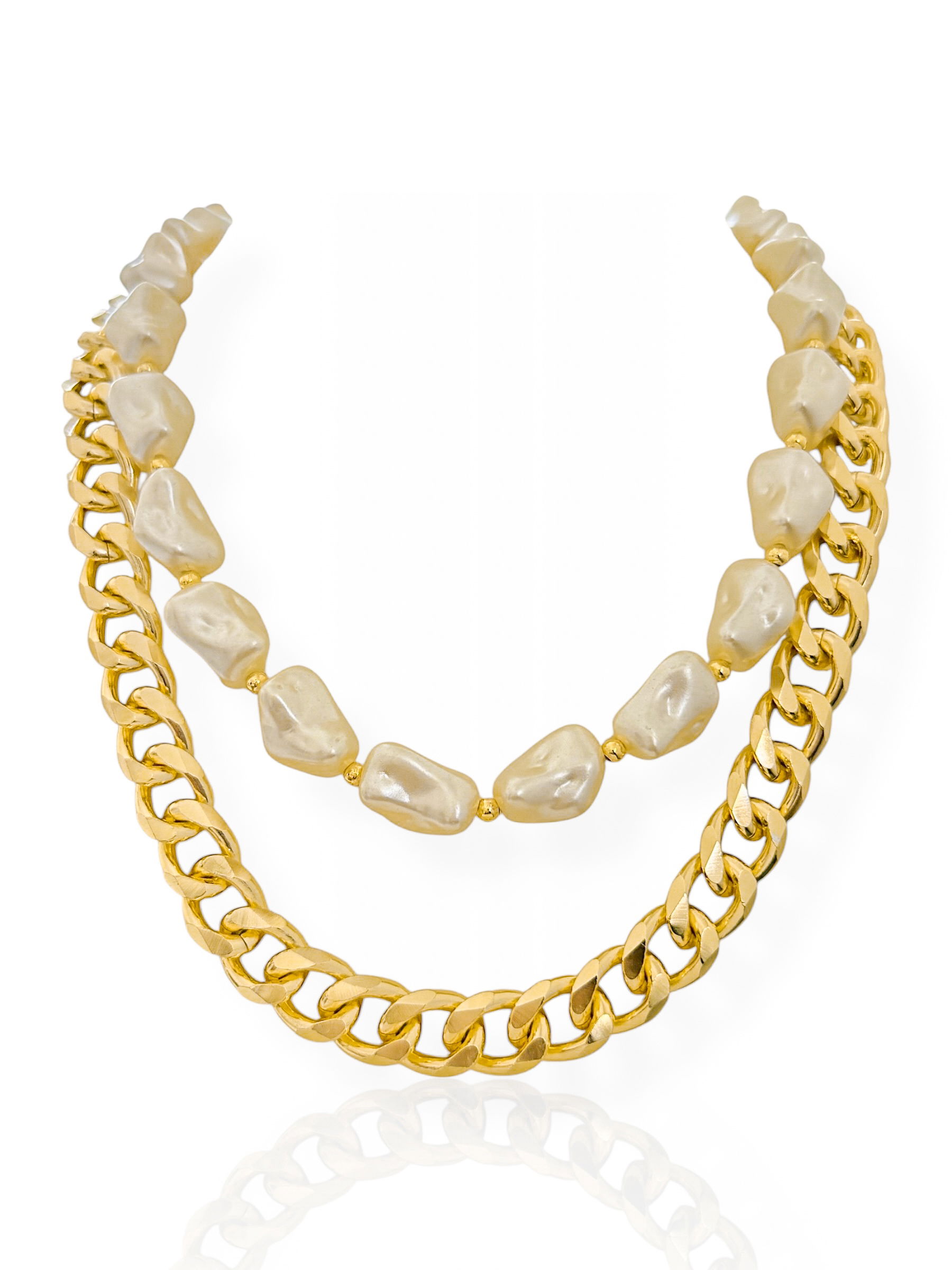 Colar Duplo Folheado a Ouro 18k Pérola Com Elo Grumet