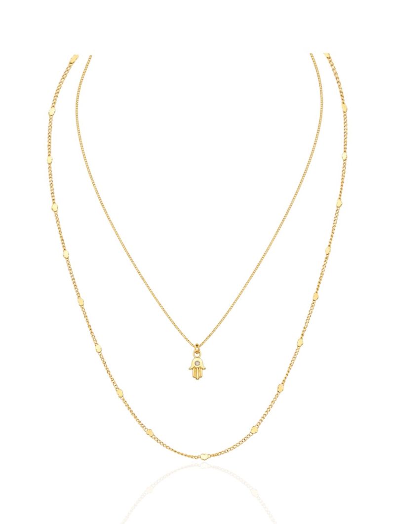 Colar Duplo Folheado a Ouro 18k Pingente Mão de Hamsa