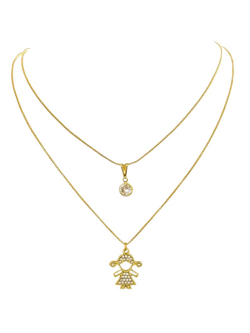 Colar Duplo Folheado a Ouro 18k Ponto de Luz e Menina Com Zircônia