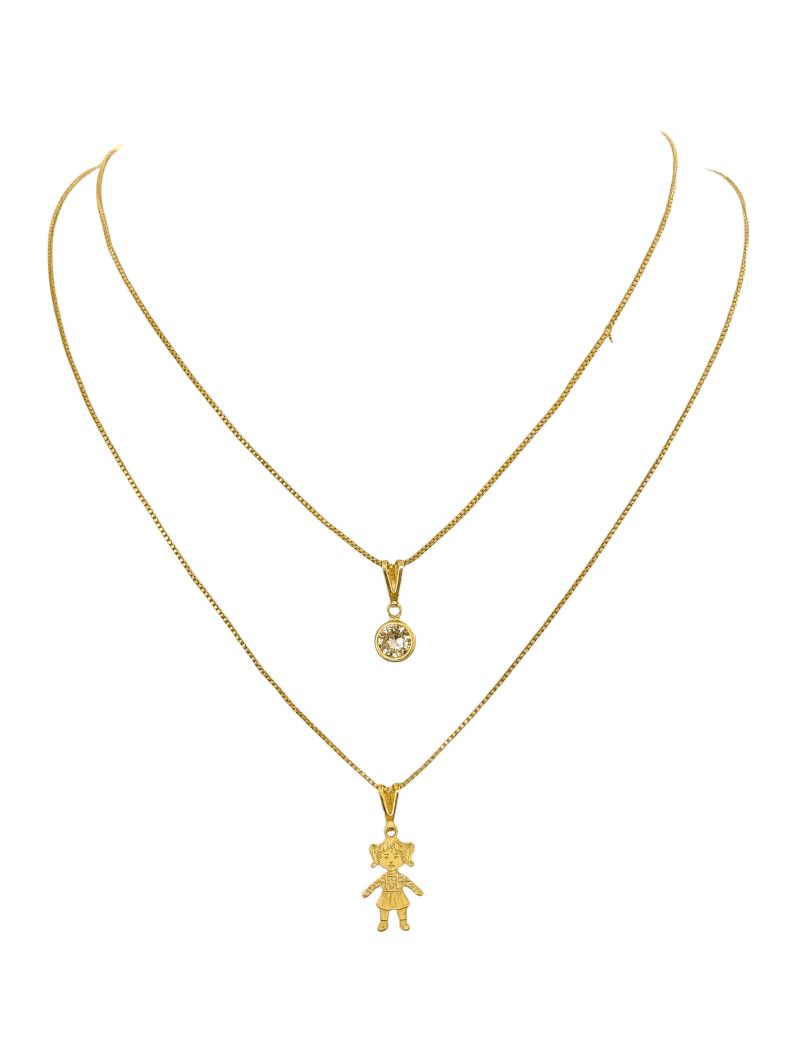 Colar Duplo Folheado a Ouro 18k Ponto de Luz e Pingente Menina