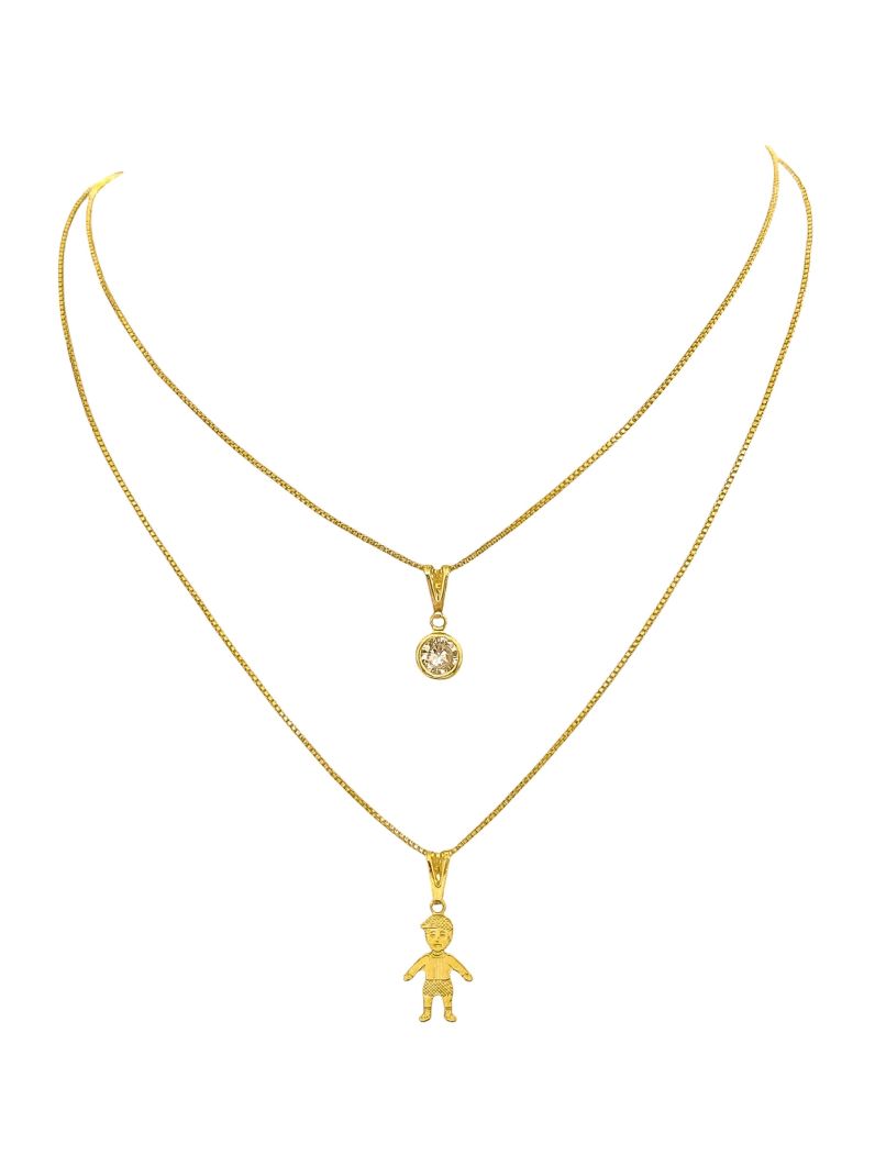 Colar Duplo Folheado a Ouro 18k Ponto de Luz e Pingente Menino
