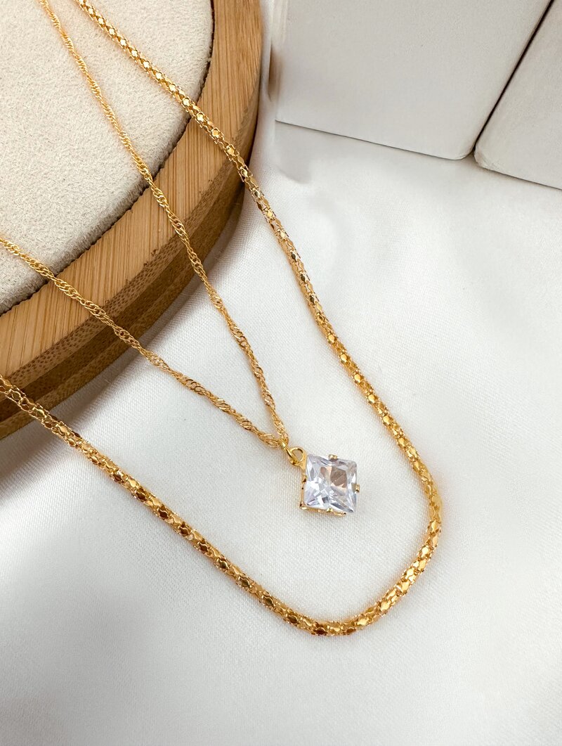 Colar Duplo Folheado a Ouro 18k Rabo de Tatu com Pedra de Zircônia