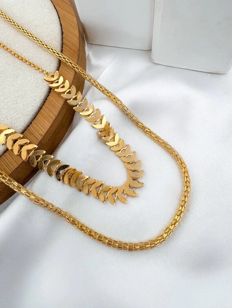 Colar Duplo Folheado a Ouro 18k Rabo de Tatu e Escamas