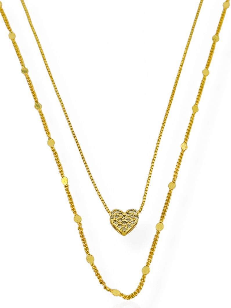 Colar Duplo Folheado a Ouro 18k Veneziana E Coração Cravejado