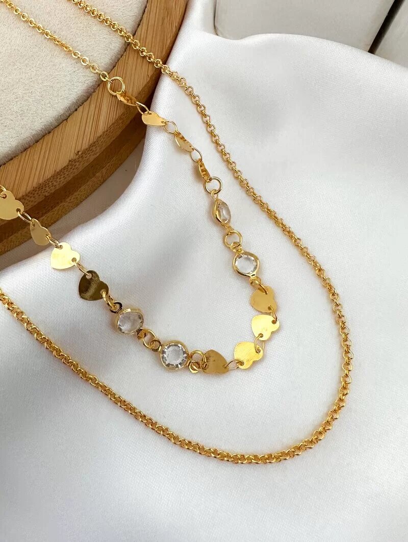 COLAR DUPLO FOLHEADO A OURO 18K ZIRCÔNIAS E CORAÇÕES