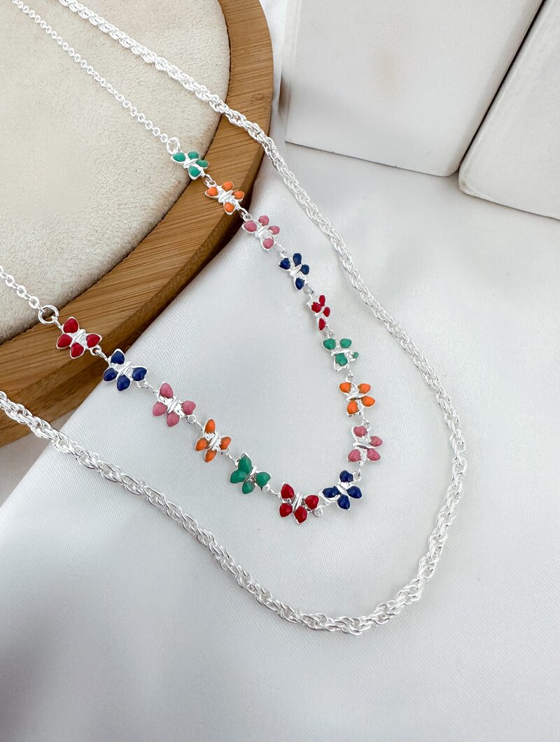 Colar Duplo Folheado a Prata 925 Corrente com Borboletas Coloridas