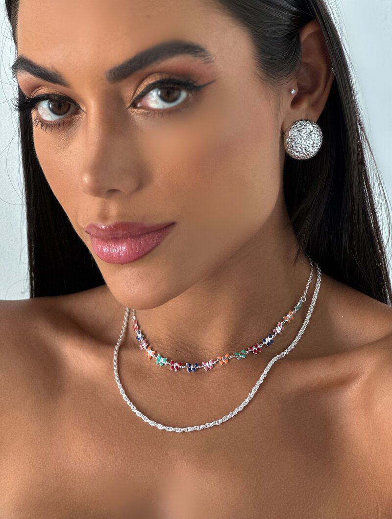 Colar Duplo Folheado a Prata 925 Corrente com Borboletas Coloridas