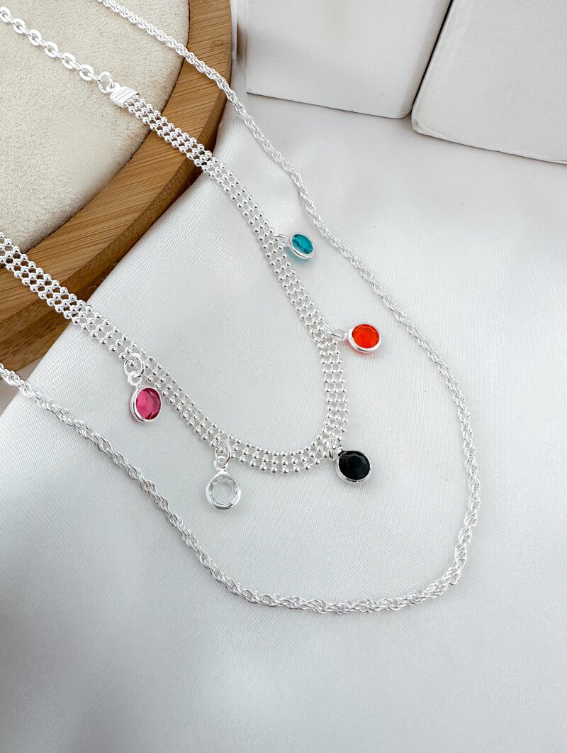 Colar Duplo Folheado a Prata 925 Corrente com Circulos Coloridos