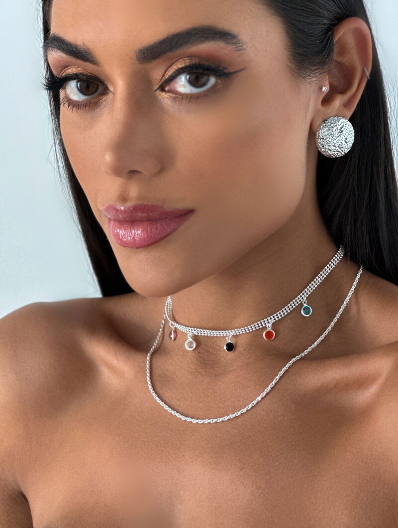 Colar Duplo Folheado a Prata 925 Corrente com Circulos Coloridos