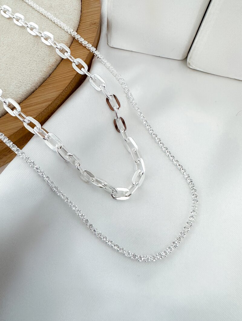 Colar Duplo Folheado a Prata 925 Corrente de Micro Zircônias e Elos