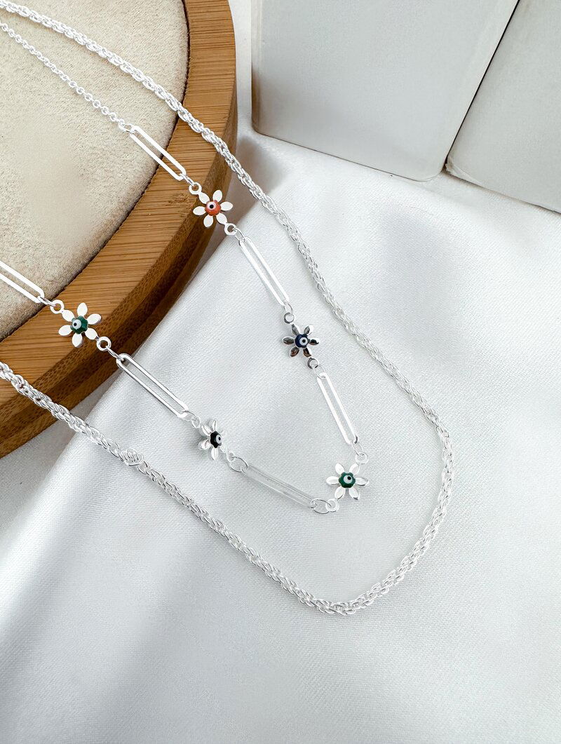 Colar Duplo Folheado a Prata 925 Elos com Flores