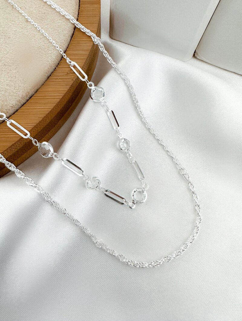 Colar Duplo Folheado a Prata 925 Elos com Zircônias Cristais