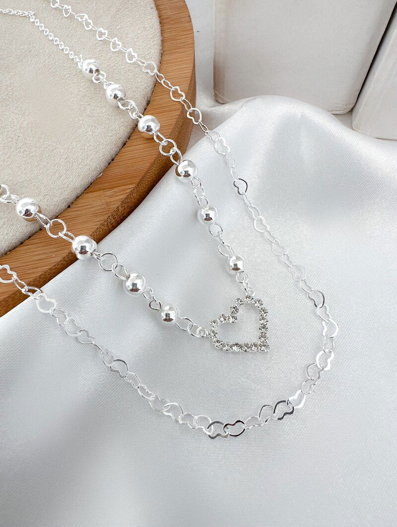 Colar Duplo Folheado a Prata 925 Elos Corações com Esferas Lisas