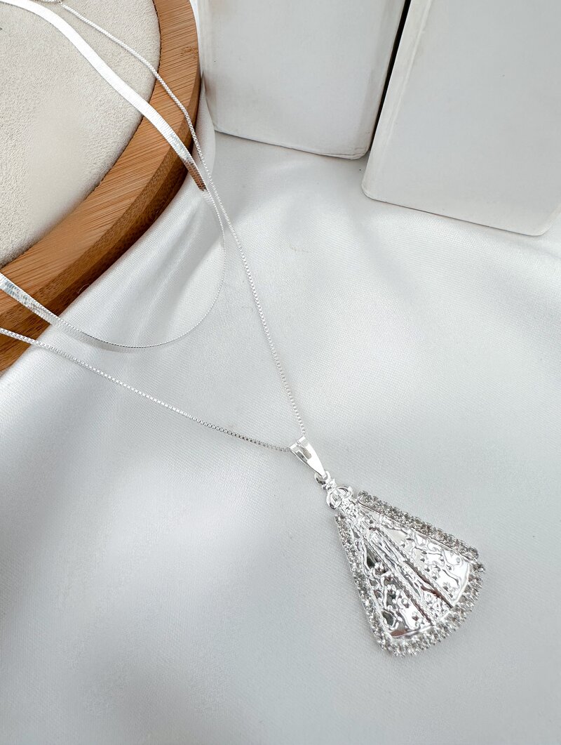 Colar Duplo Folheado a Prata 925 Fita Laminada com Nossa Senhora