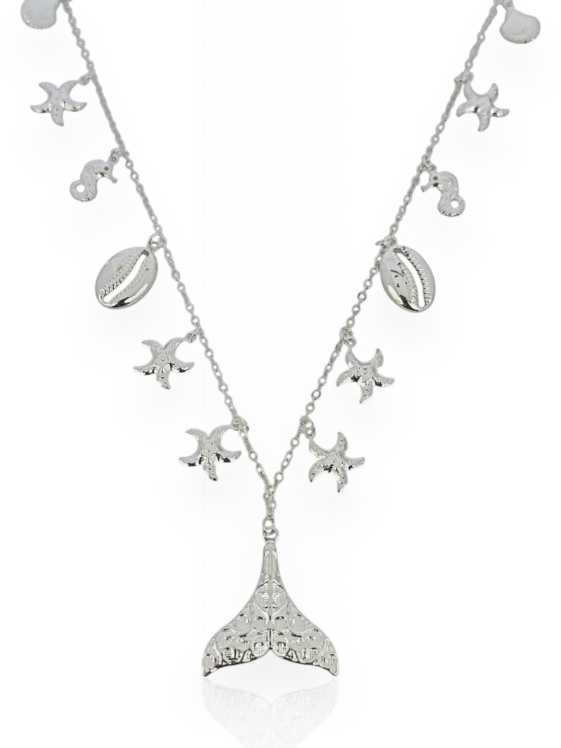 Colar Folheado a Prata Conchas Com Pingente Calda de Sereia