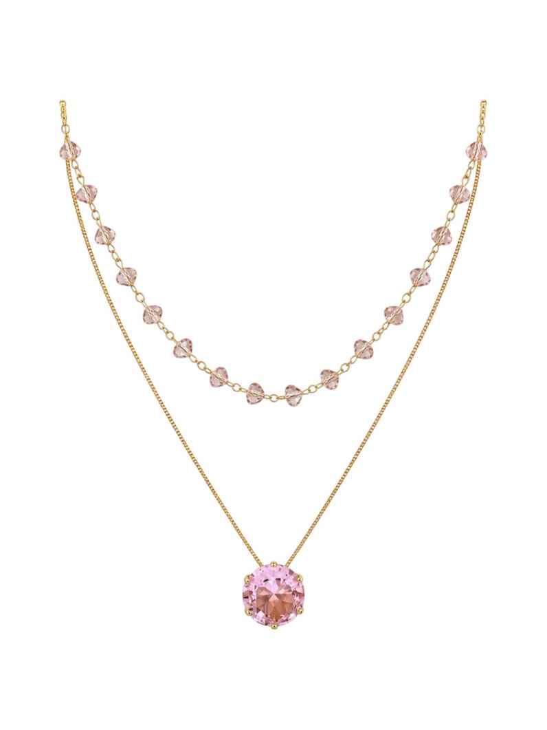 Colar Duplo Folheado Ouro 18k Cristais e Ponto de Luz Rosa