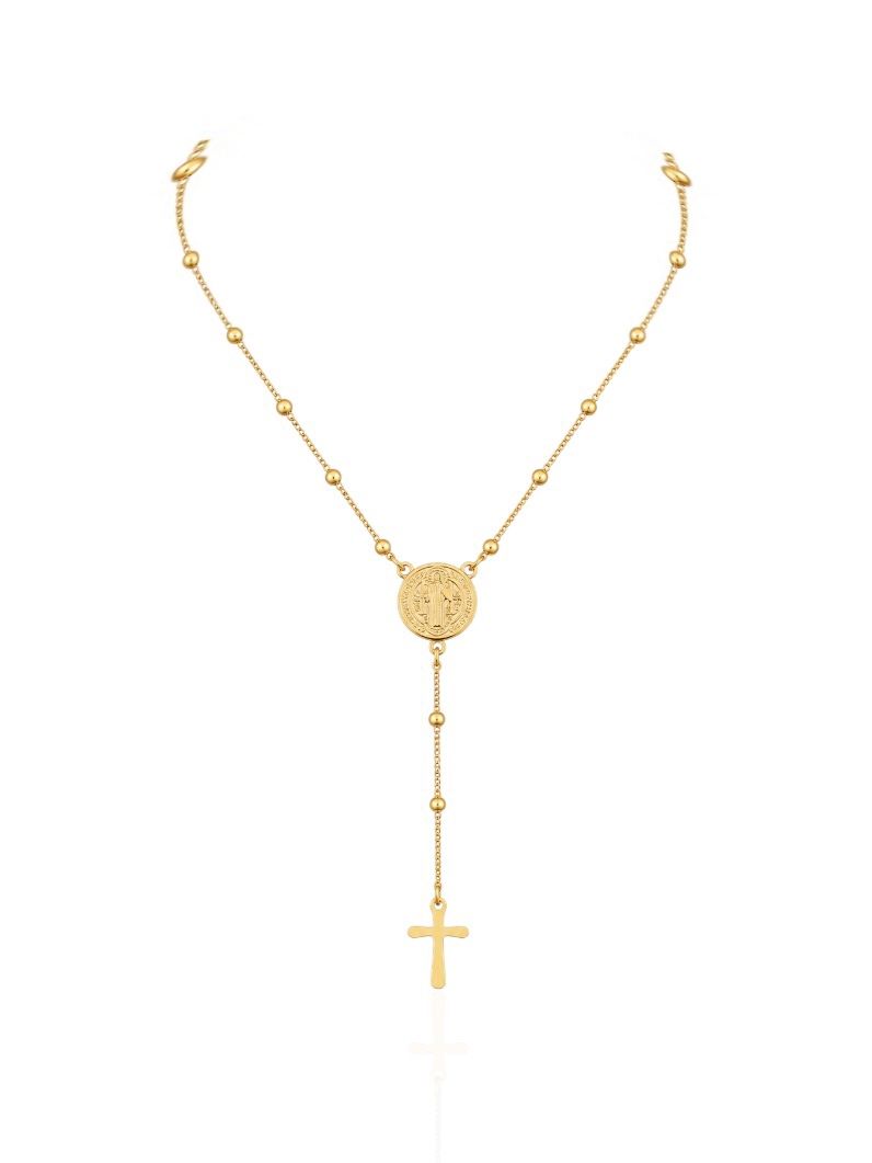 Colar Folheado Ouro 18k Medalha e Cruz