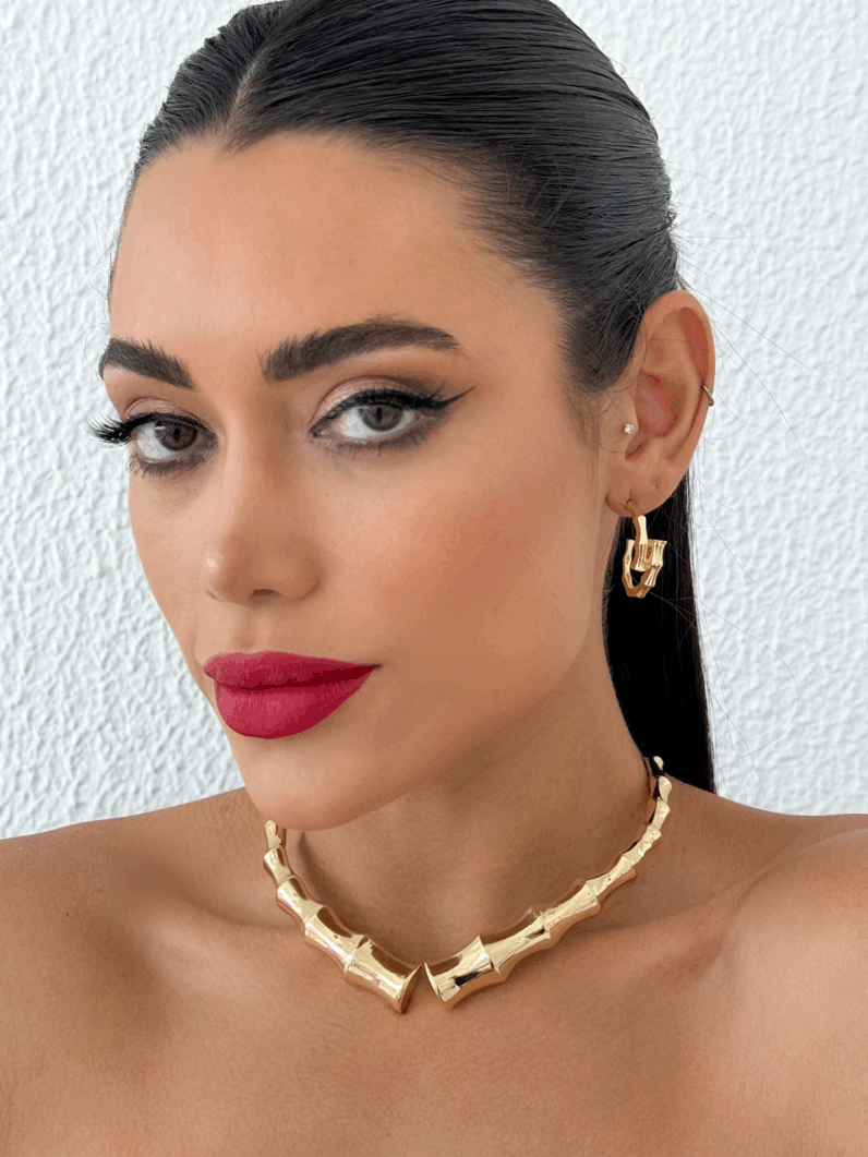 Conjunto Colar e Brinco Folheada a Ouro 18k e Prata, Mix Banho Design Bambu