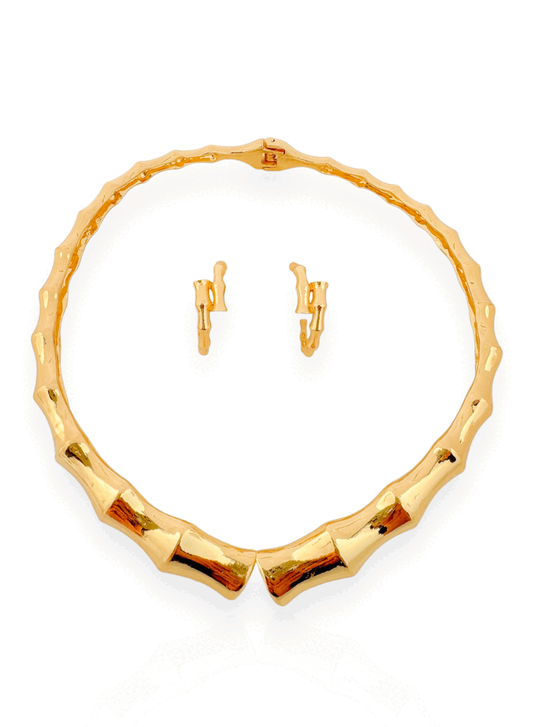 Conjunto Colar e Brinco Folheada a Ouro 18k e Prata, Mix Banho Design Bambu