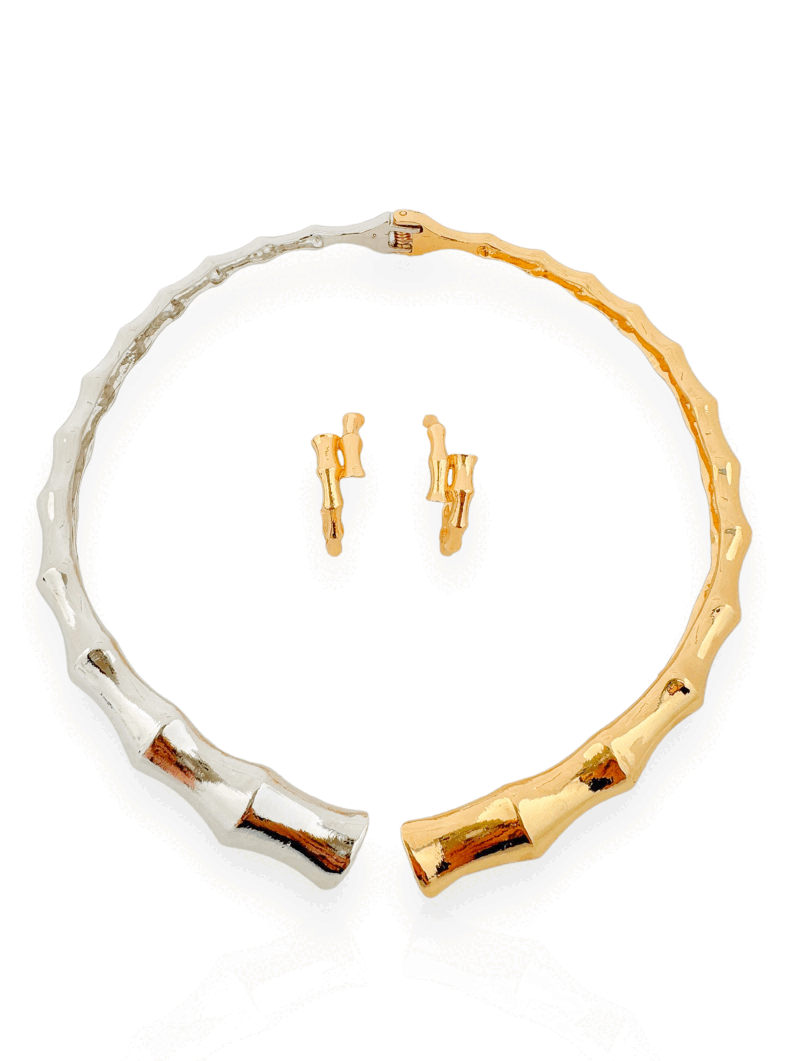 Conjunto Colar e Brinco Folheada a Ouro 18k e Prata, Mix Banho Design Bambu