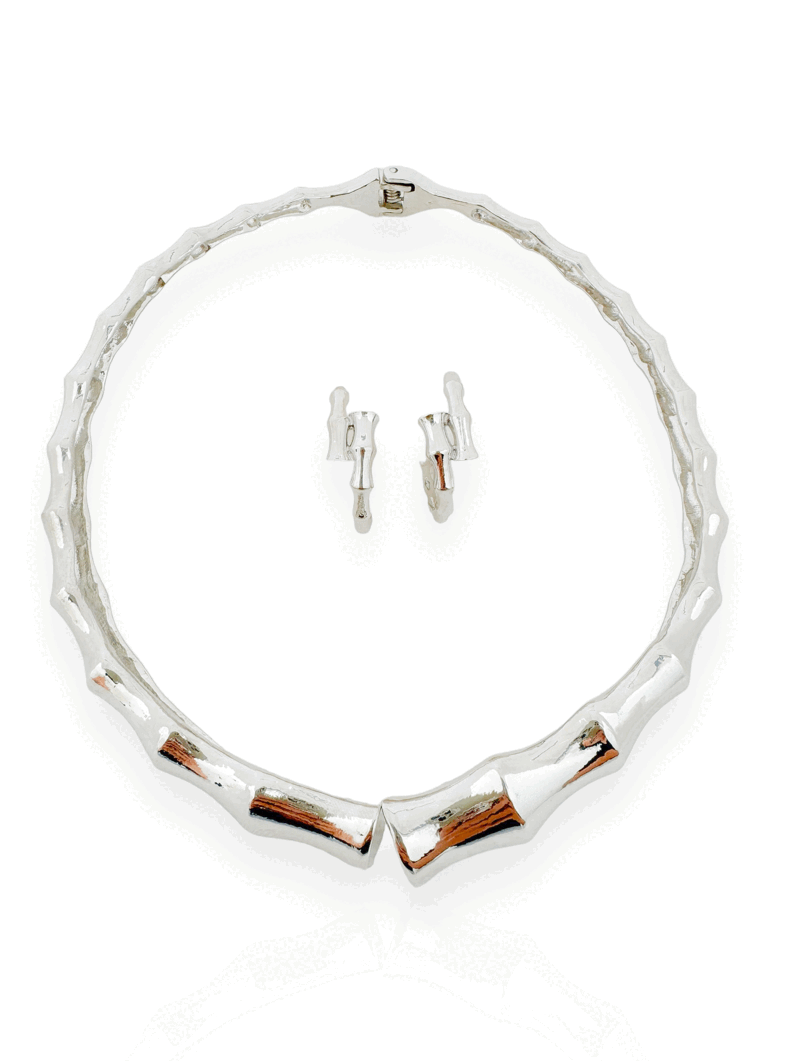 Conjunto Colar e Brinco Folheada a Ouro 18k e Prata, Mix Banho Design Bambu
