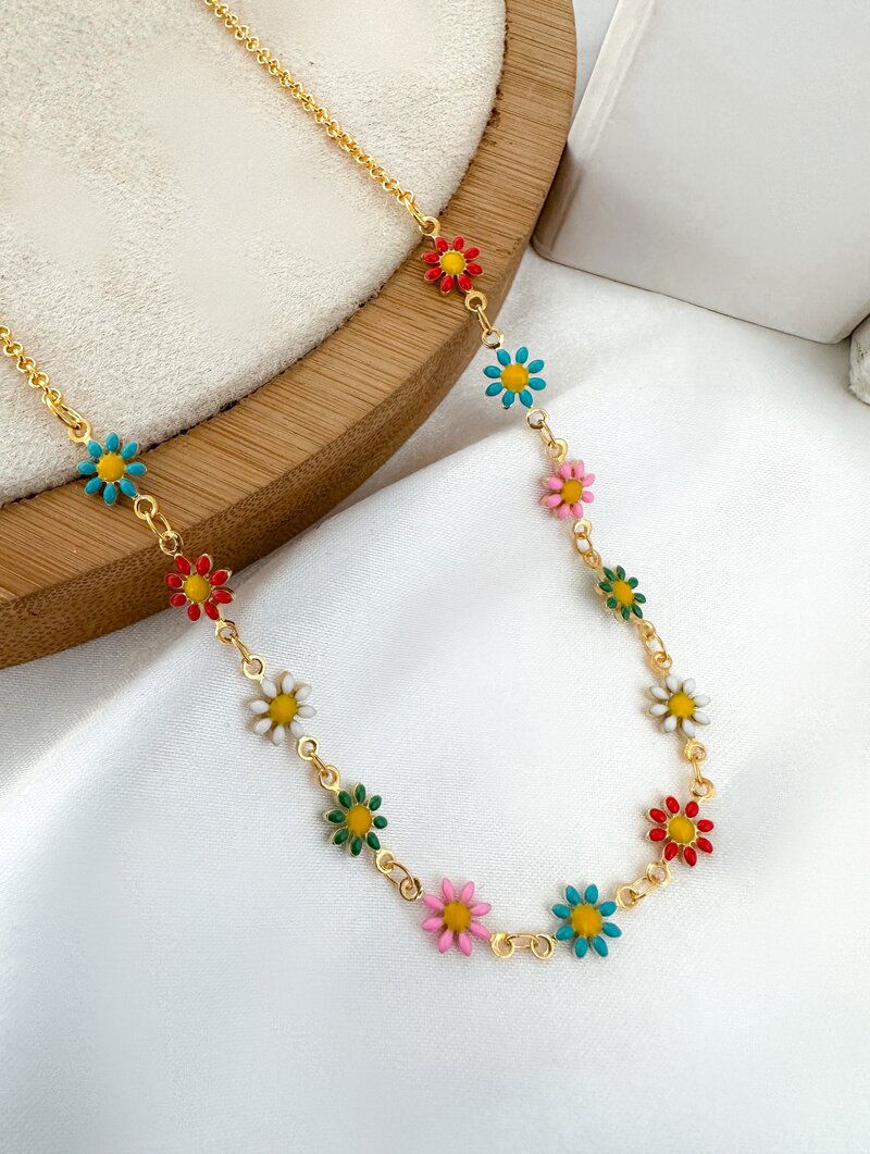 Colar Folheado a Ouro 18k a Prata 925 Margaridas Coloridas