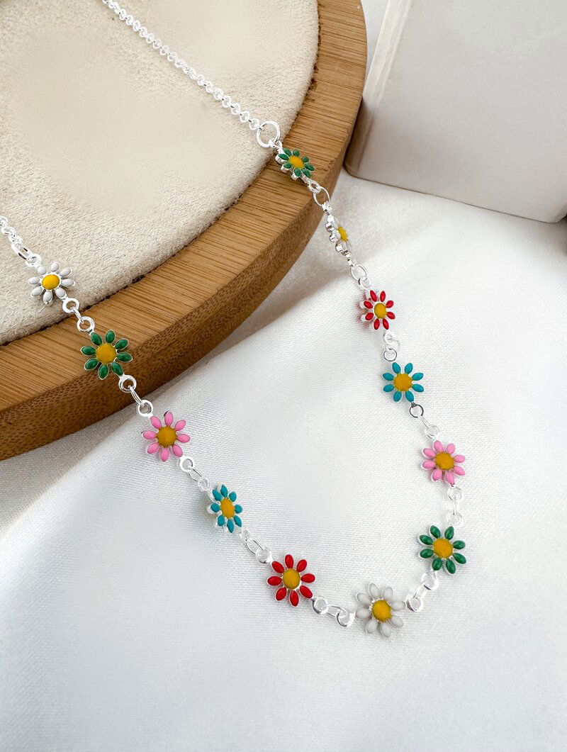Colar Folheado a Ouro 18k a Prata 925 Margaridas Coloridas