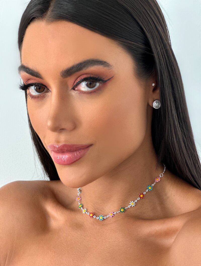 Colar Folheado a Ouro 18k a Prata 925 Margaridas Coloridas