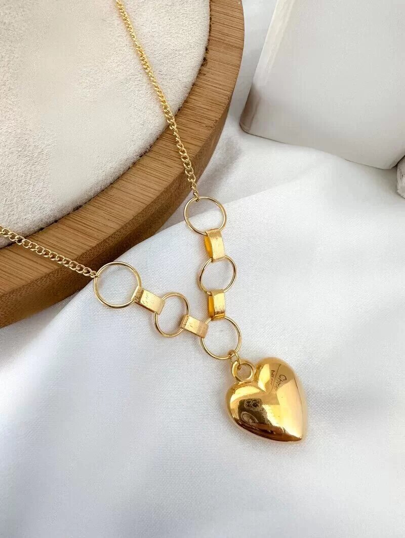 Colar Folheado a Ouro 18k Coração com Circulos Vazados