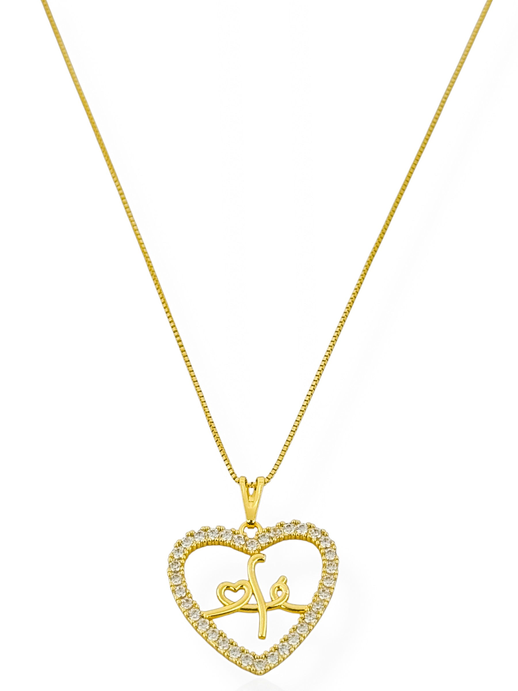 Colar Folheado a Ouro 18k Coração Cravejado e Vazado 'Fé'