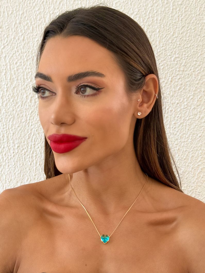 Colar Folheado a Ouro 18k Coração de Cristal Colorida