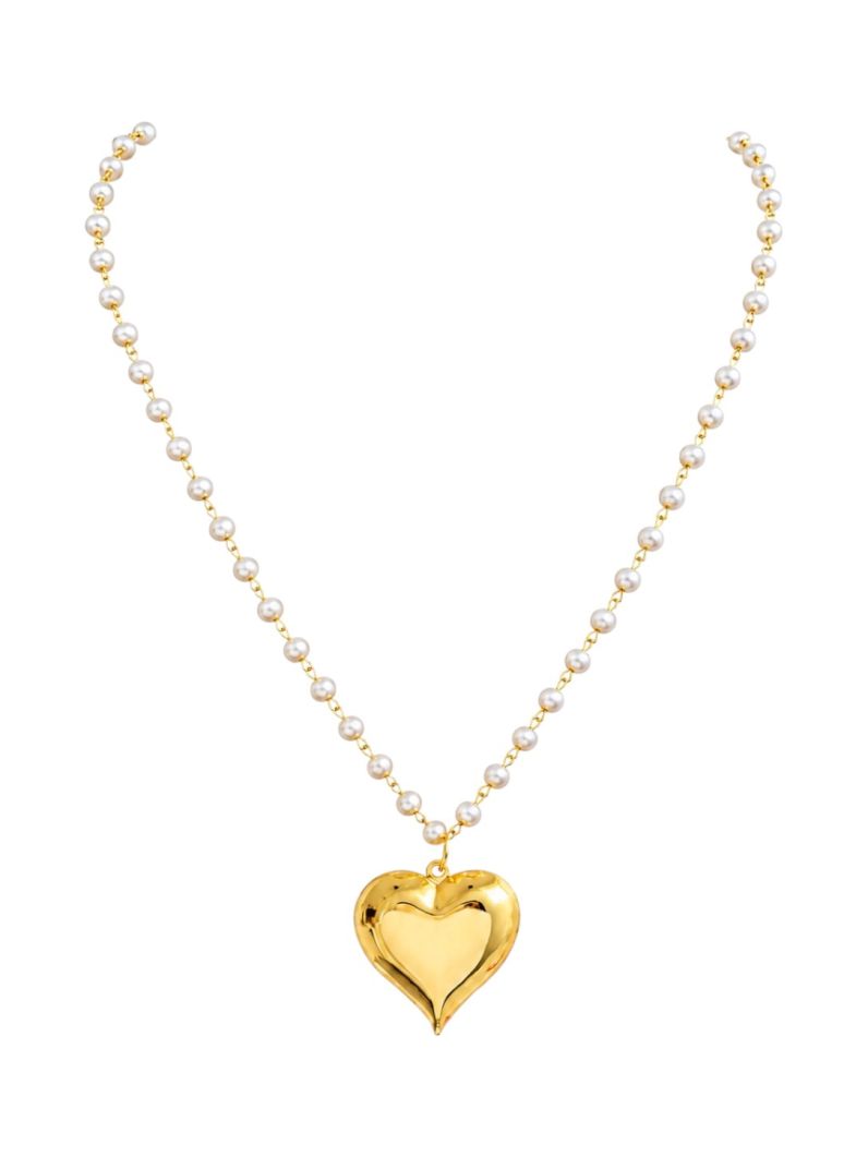 Colar Folheado a Ouro 18k Coração Liso Com Pérolas